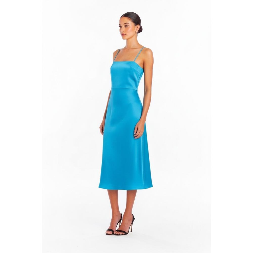 Amanda Uprichard Silk Square Neck Smocked Midi Dress Aqua Blue Size M NWT - Picture 3 of 9